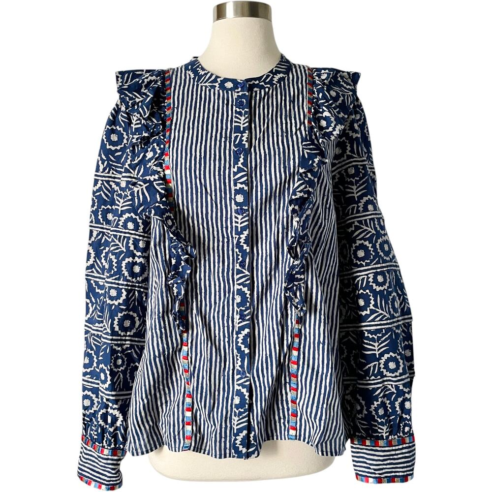 Sezane Coletta Cotton Blouse Blue Ivory Stripe Button Front Shirt Size 46 Rayure - Picture 8 of 8